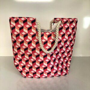 Macy’s Tote Bag Pink Navy Large Beach Travel Canvas Shoulder Rope Handles NEW